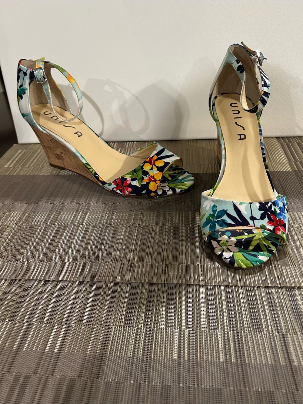 Unisa Tropical Floral Cork Wedge Sandals - Blue, Green, Yellow, Red
